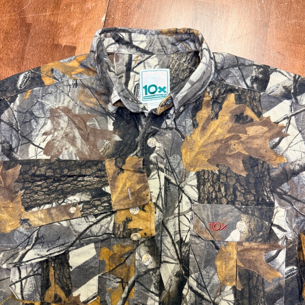 10x Camo Button Down Shirt Mens Large Realtree Hardwoods Cotton Hunting Workwear
